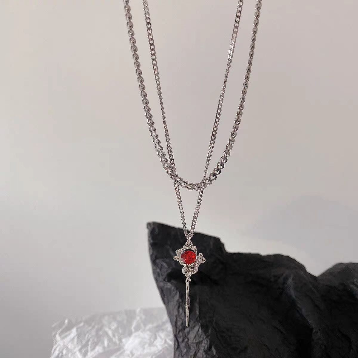 Red Zircon Pendant Necklace – Double-Layered Long Chain for Women, Trendy & Luxurious