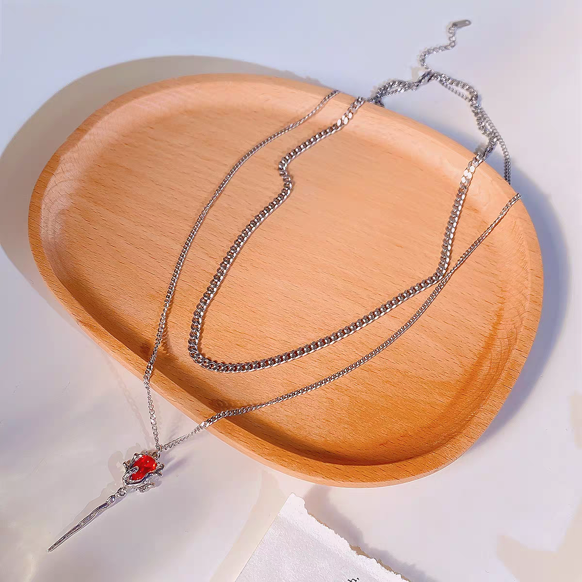 Red Zircon Pendant Necklace – Double-Layered Long Chain for Women, Trendy & Luxurious