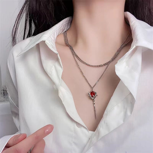 Red Zircon Pendant Necklace – Double-Layered Long Chain for Women, Trendy & Luxurious