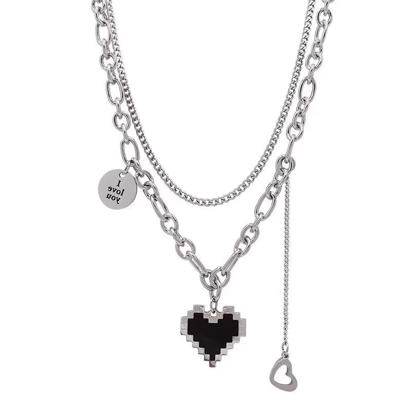 Black Heart Pendant Necklace – Double-Layered Jewelry for Women, Perfect for Sweaters & Layering